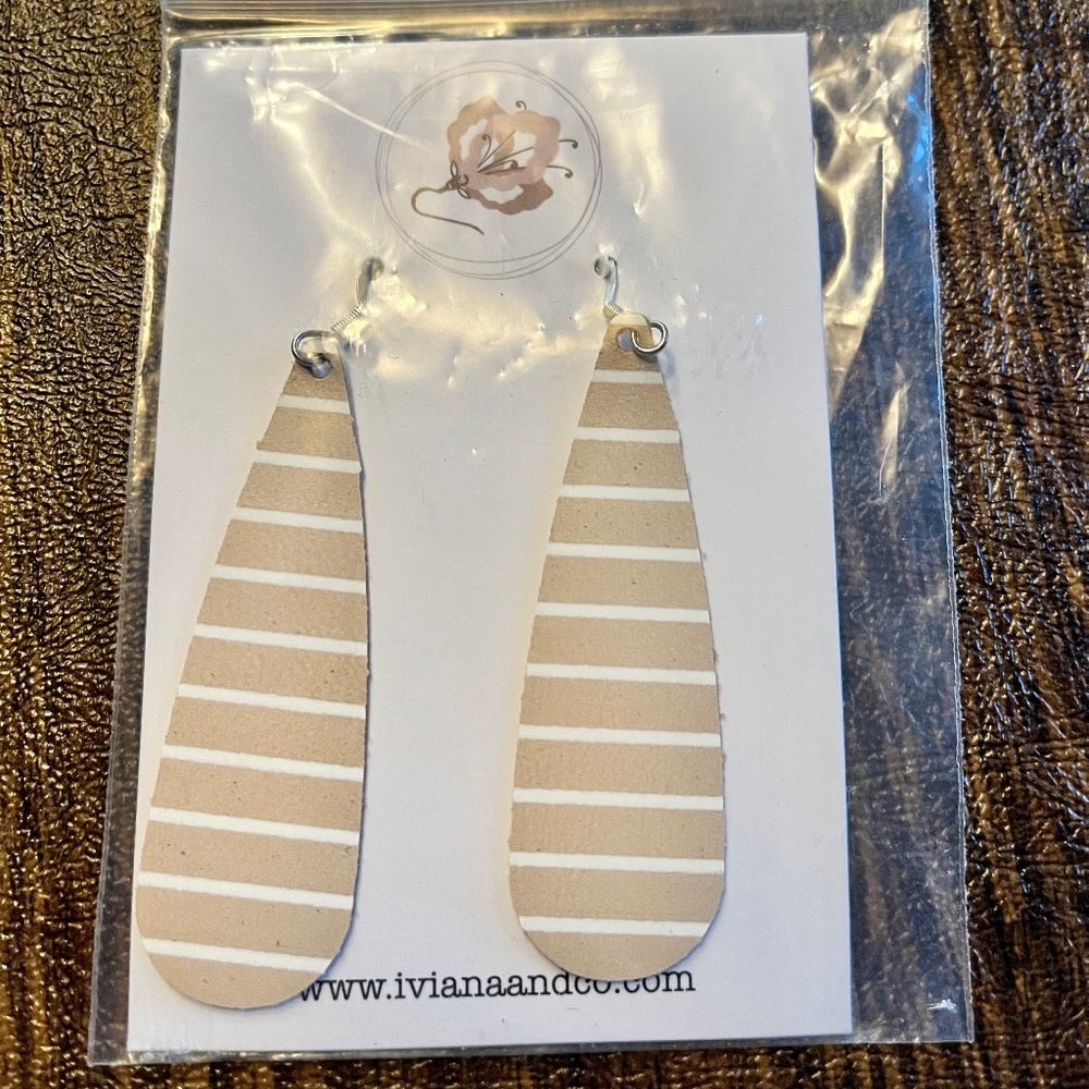 White and tan striped leather drop earrings